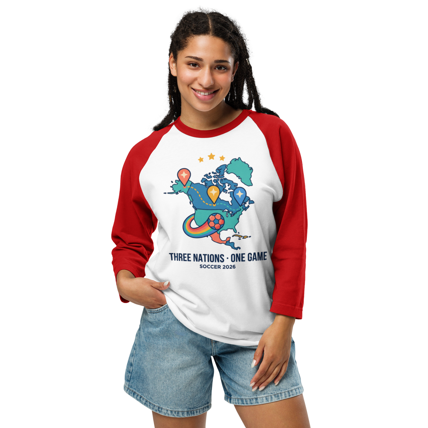 Three Nations One Game unisex raglan tee — white/red, lifestyle