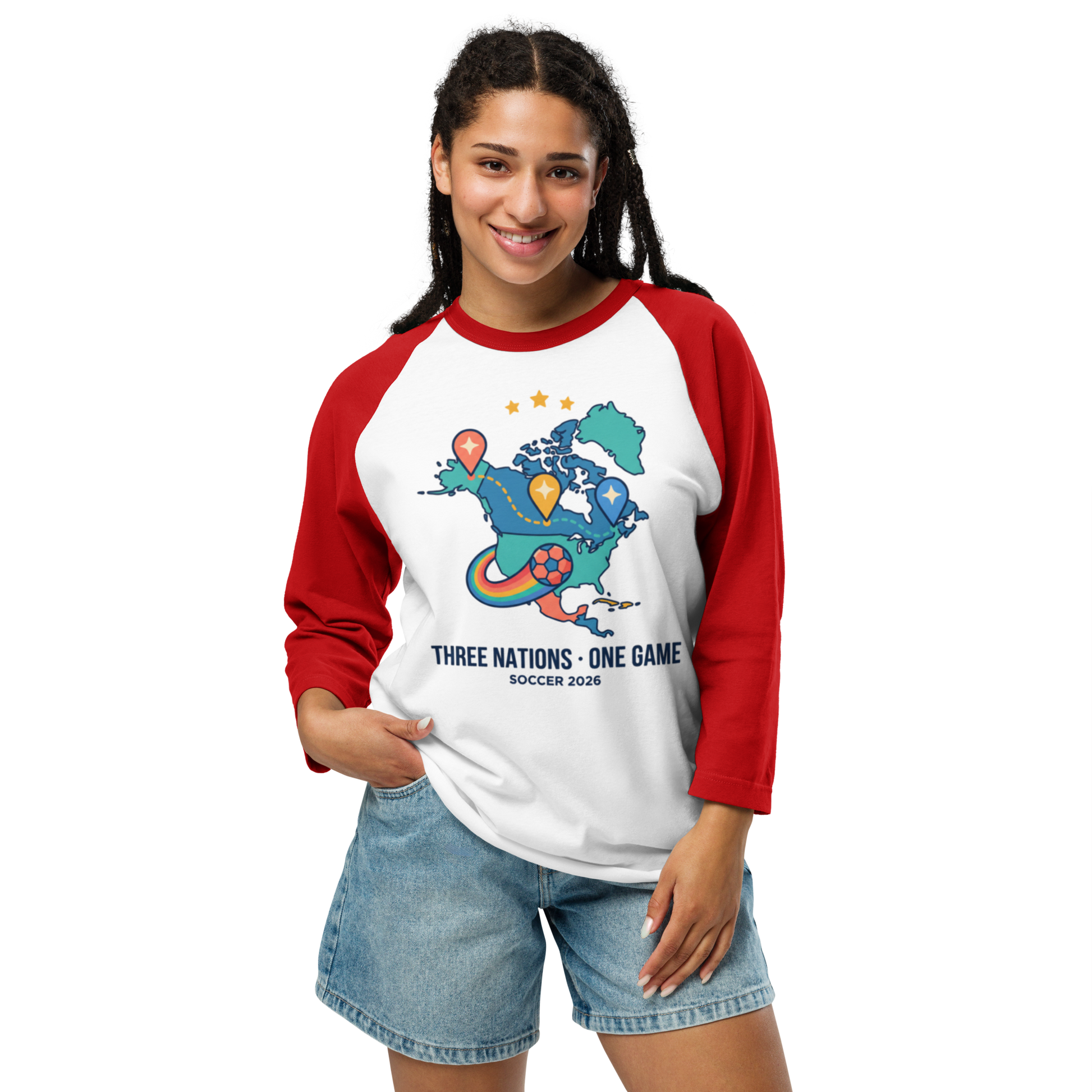 Three Nations One Game unisex raglan tee — white/red, lifestyle