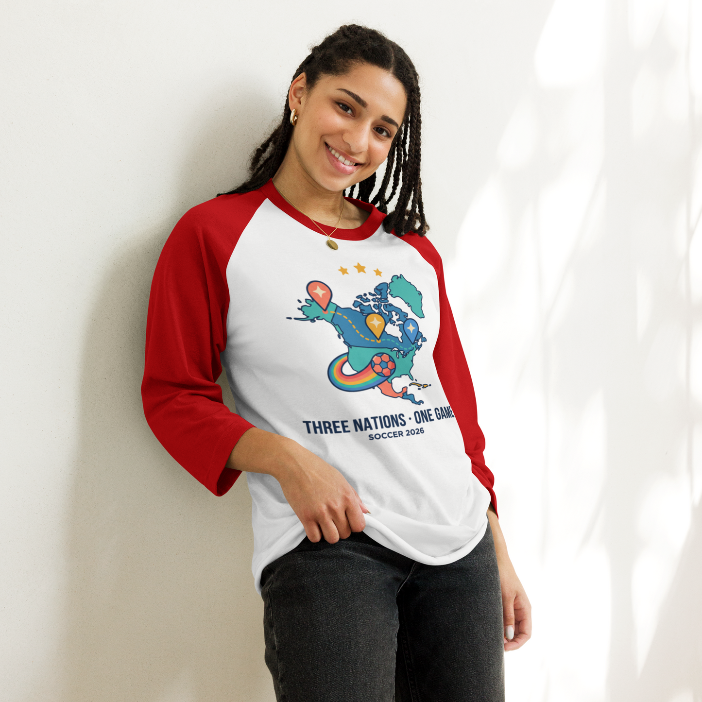 Three Nations One Game unisex raglan tee — white/red, additional view