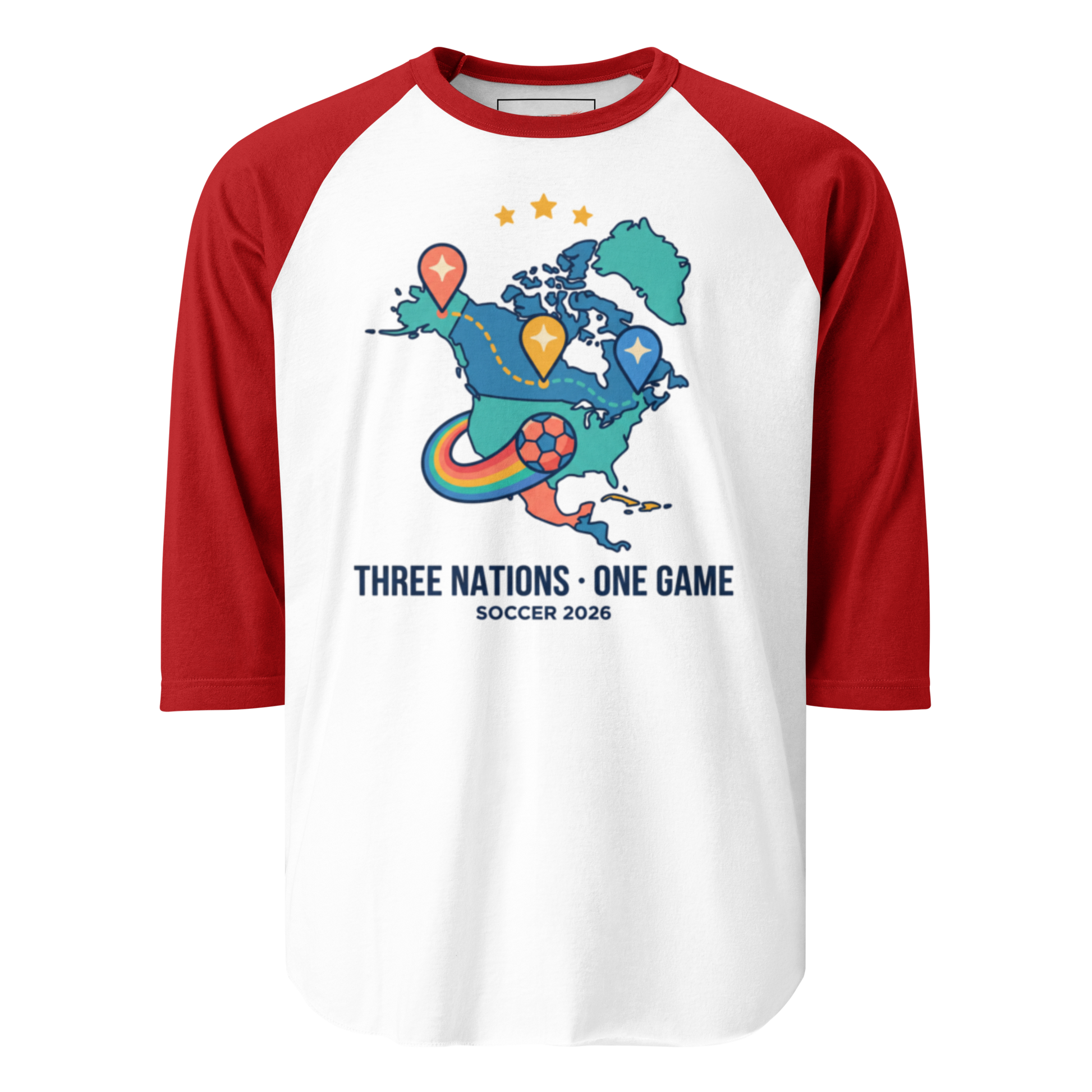 Three Nations One Game unisex 3/4 sleeve raglan tee — white body, red sleeves, model front