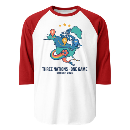 Three Nations One Game unisex 3/4 sleeve raglan tee — white body, red sleeves, model front