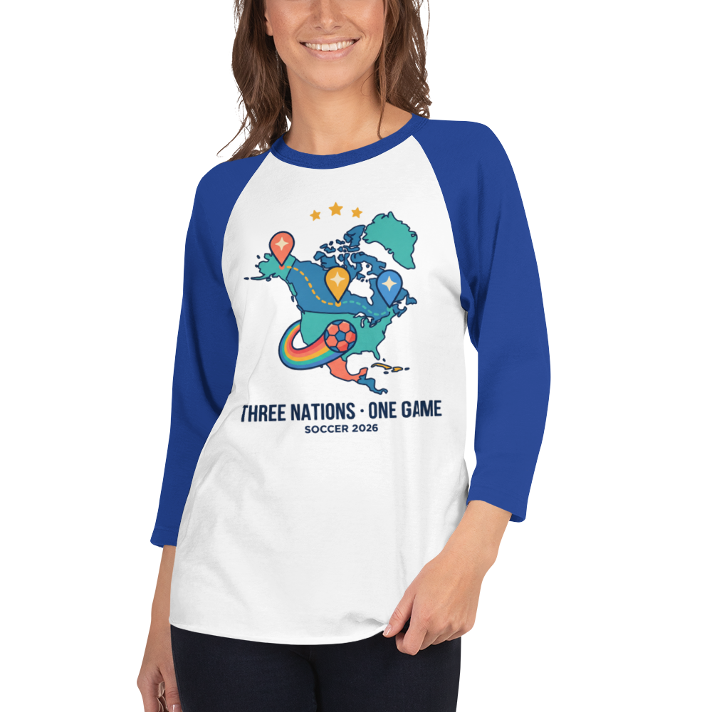 Three Nations One Game unisex raglan tee — white/royal, front detail