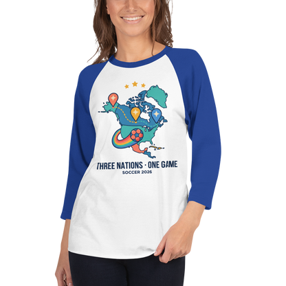 Three Nations One Game unisex raglan tee — white/royal, front detail