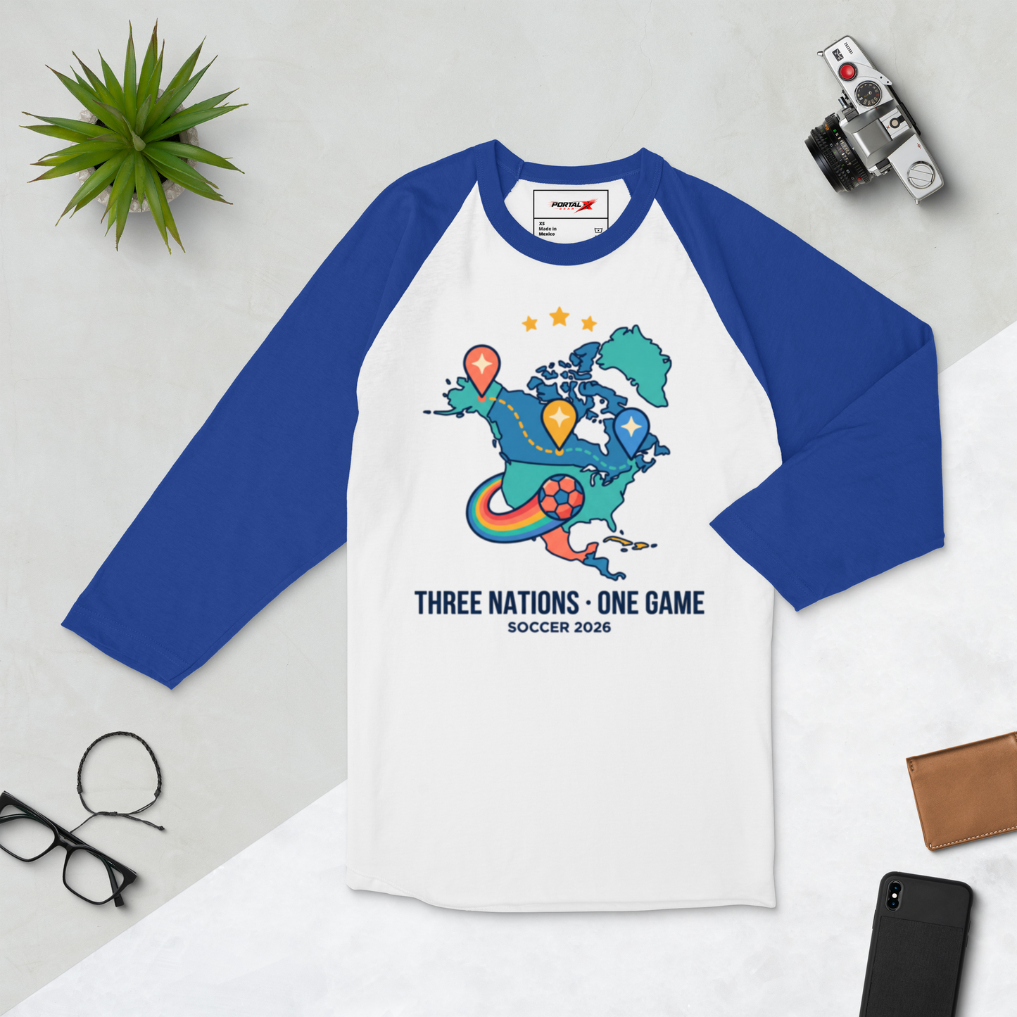 Three Nations One Game unisex raglan tee — white/royal, alternate angle