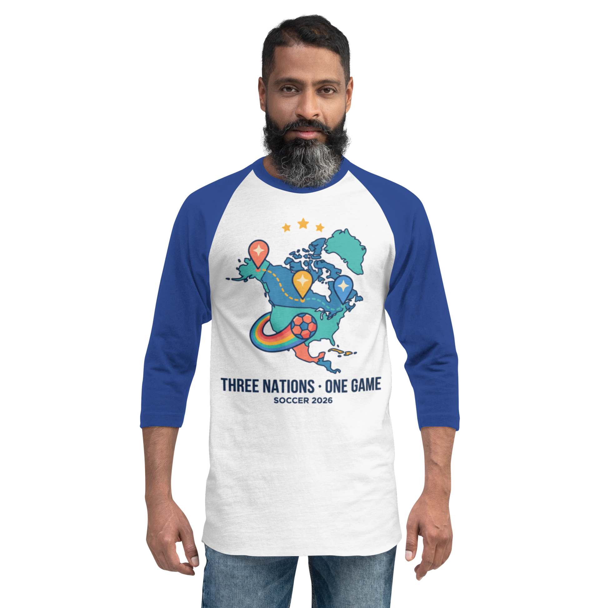 Three Nations One Game unisex raglan tee — white/royal, front view