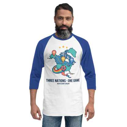 Three Nations One Game unisex raglan tee — white/royal, front view