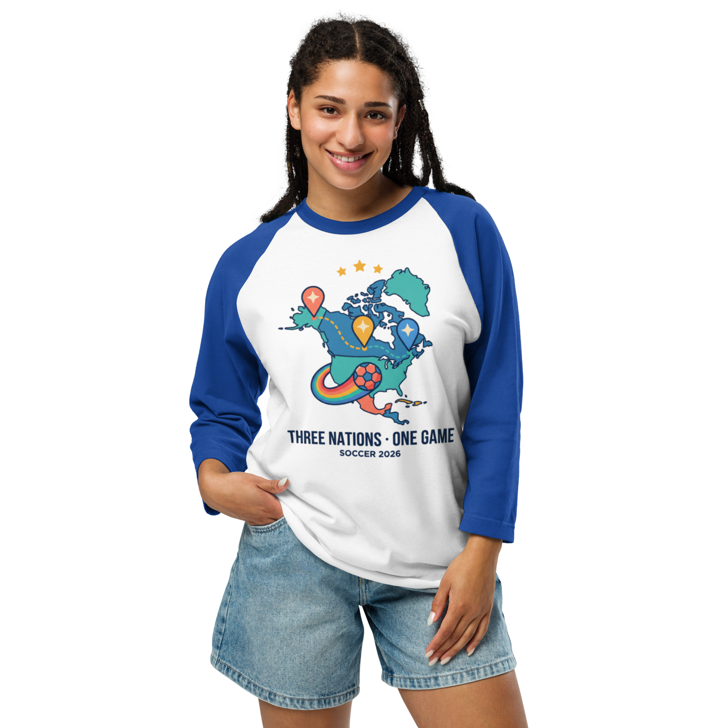 Three Nations One Game unisex raglan tee — white/royal, lifestyle