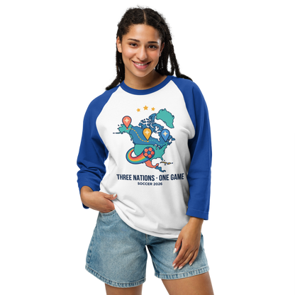 Three Nations One Game unisex raglan tee — white/royal, lifestyle
