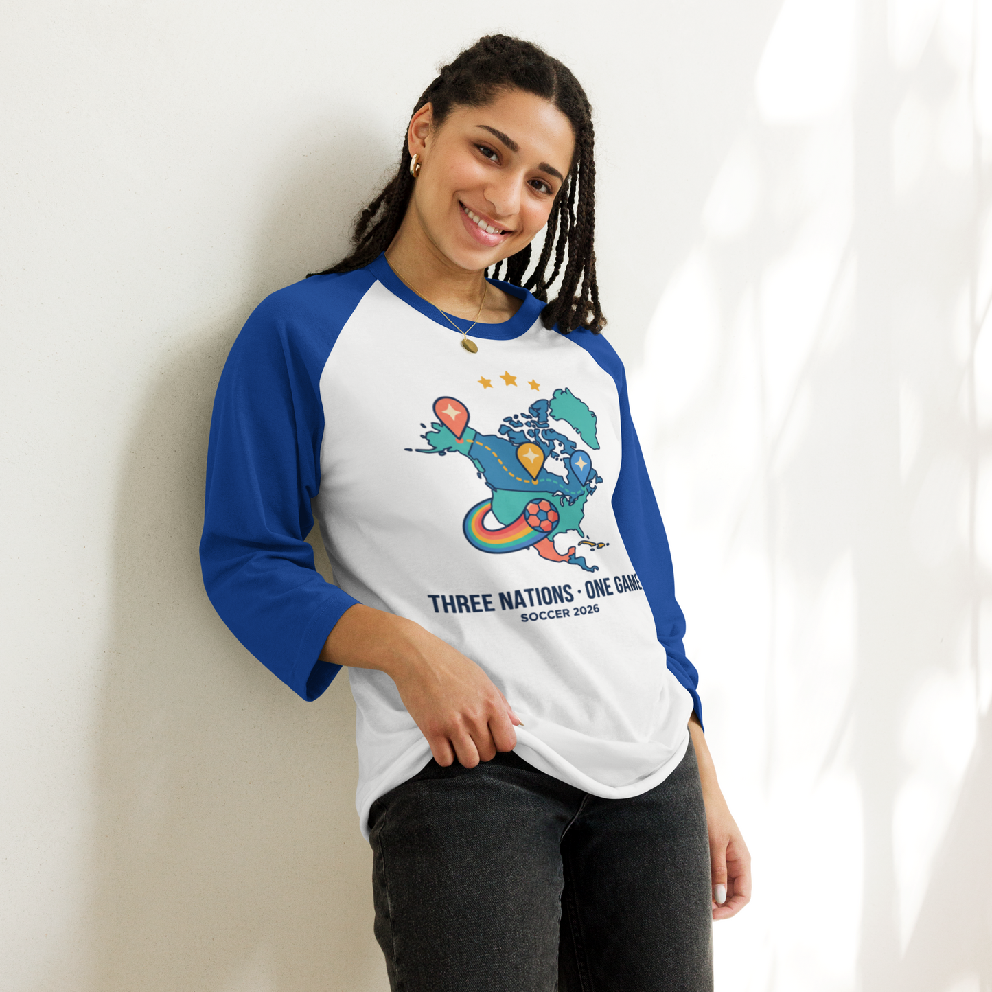 Three Nations One Game unisex raglan tee — white/royal, additional view