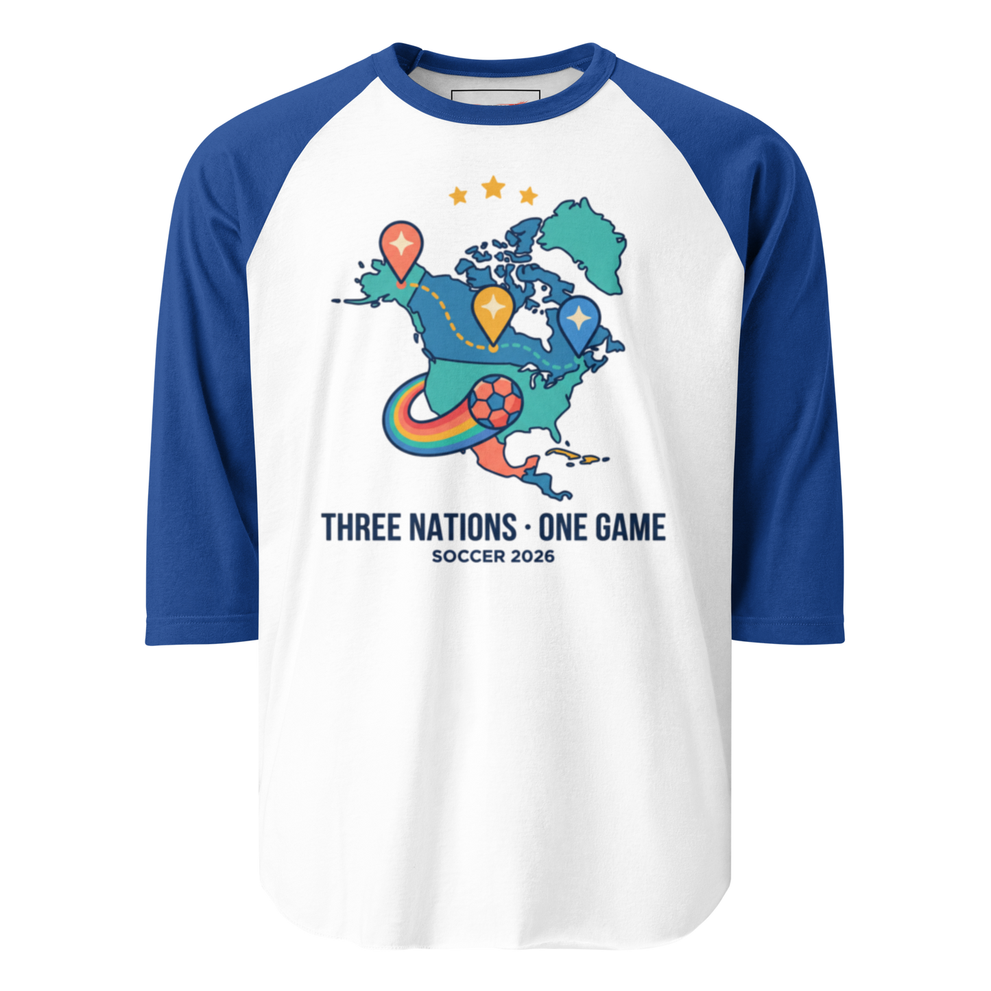 Three Nations One Game unisex 3/4 sleeve raglan tee — white body, royal blue sleeves, model front