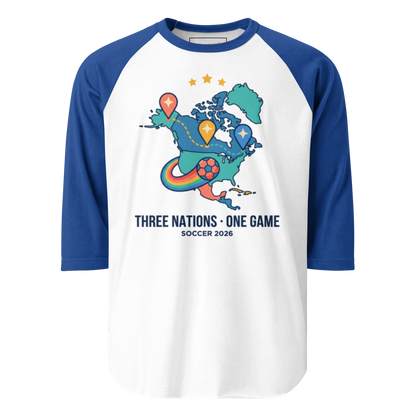 Three Nations One Game unisex 3/4 sleeve raglan tee — white body, royal blue sleeves, model front