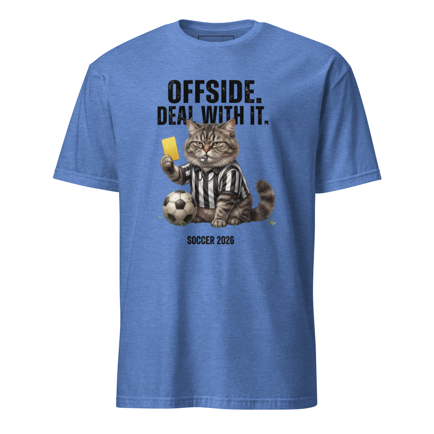 Offside the Referee Cat funny soccer 2026 unisex tee — heather royal blue, front view