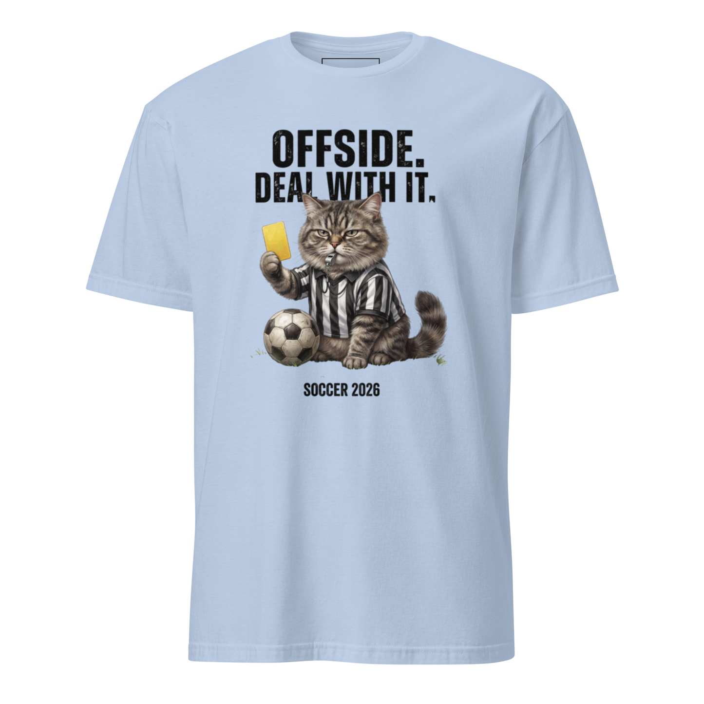 Offside the Referee Cat funny soccer 2026 unisex tee — light blue, front view