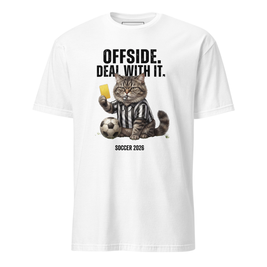 Offside the Referee Cat funny soccer 2026 unisex tee — white, front view