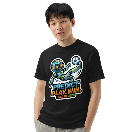 Predict Play Win unisex heavyweight soccer 2026 tee — black, model front