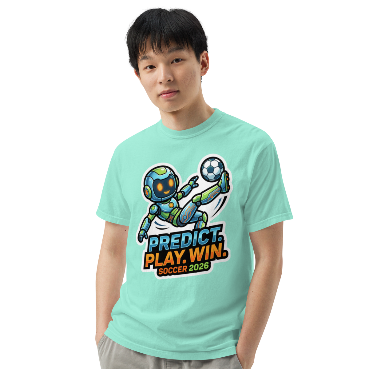 Predict Play Win unisex heavyweight soccer 2026 tee — chalky mint, model front