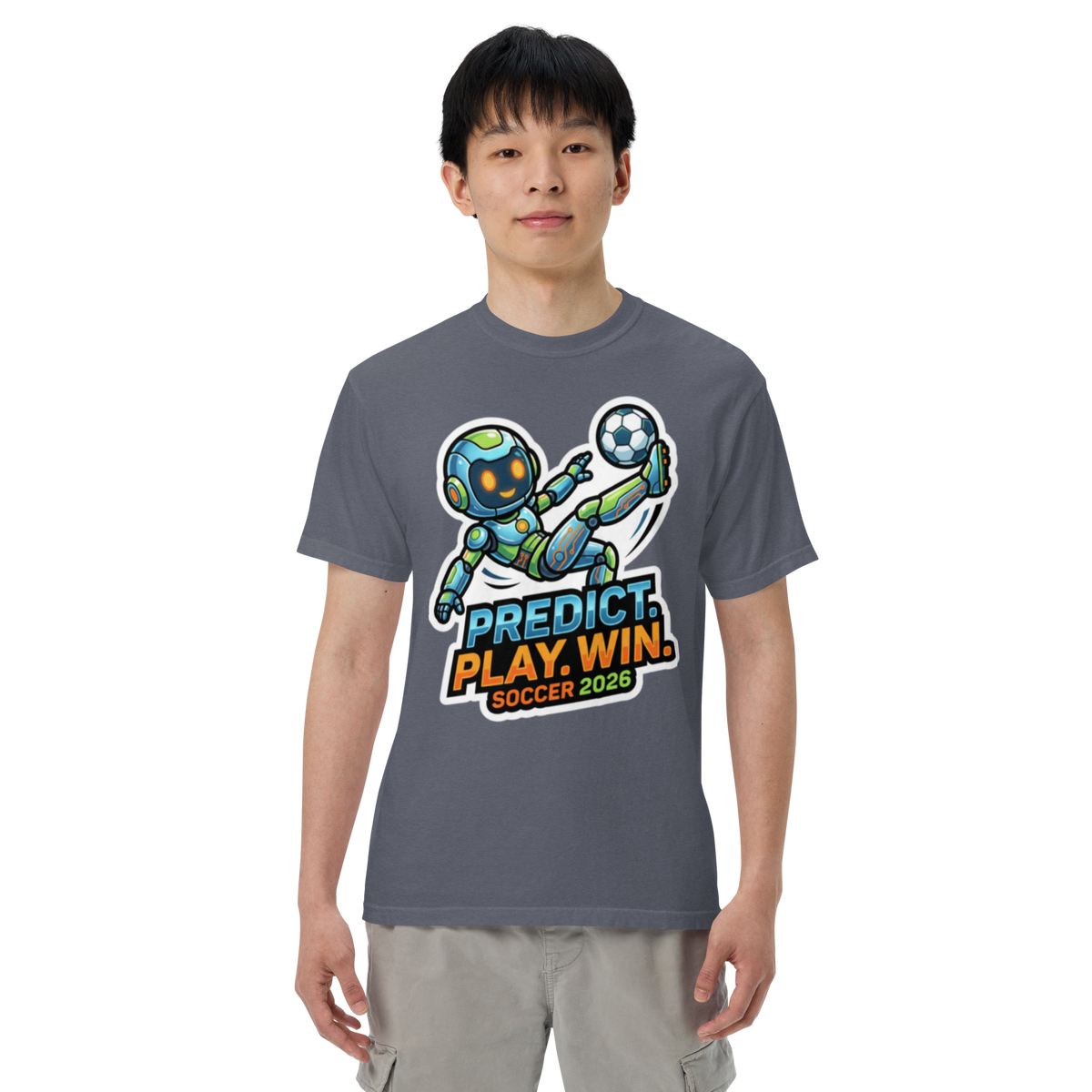 Predict Play Win unisex heavyweight soccer 2026 tee — denim, front view