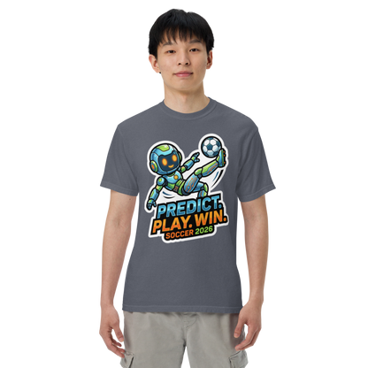 Predict Play Win unisex heavyweight soccer 2026 tee — denim, front view