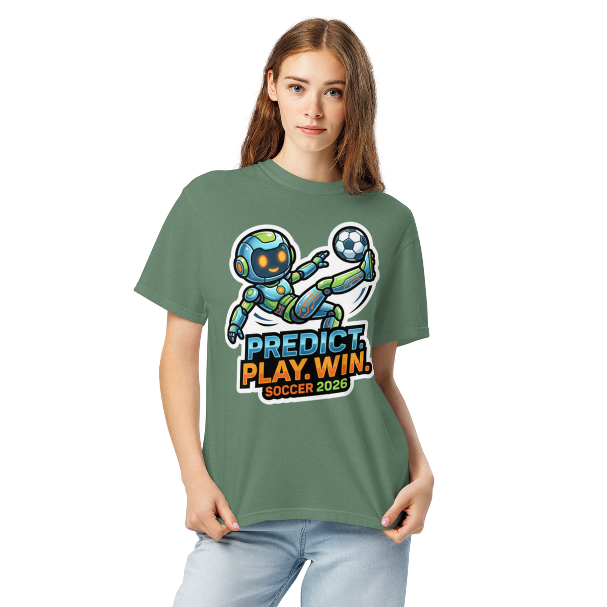 Predict Play Win unisex tee — light green, alternate model view