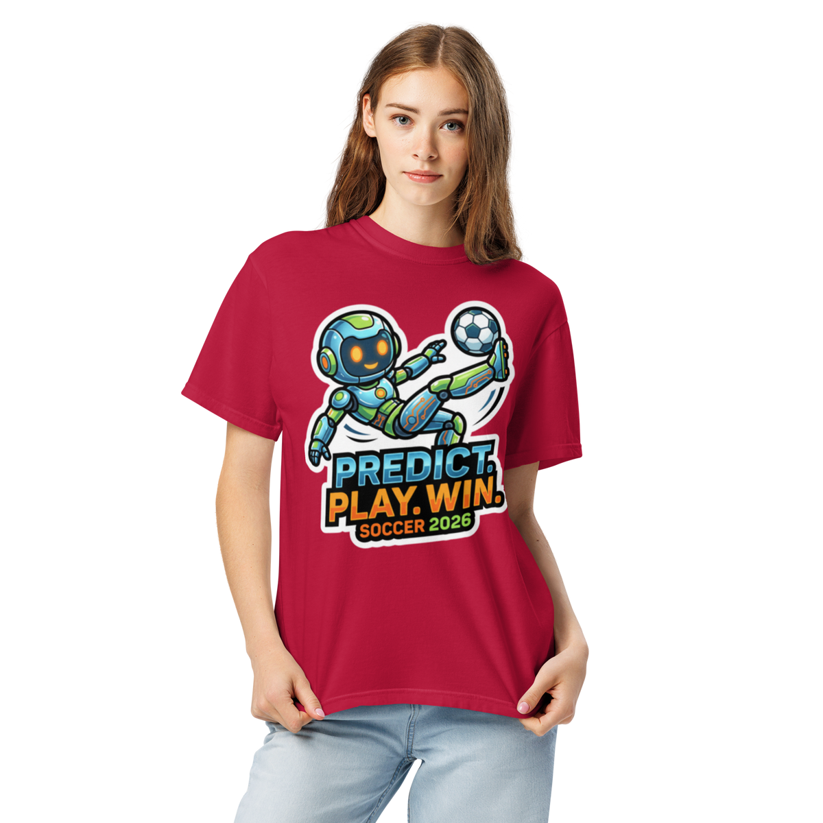 Predict Play Win unisex tee — red, alternate model view
