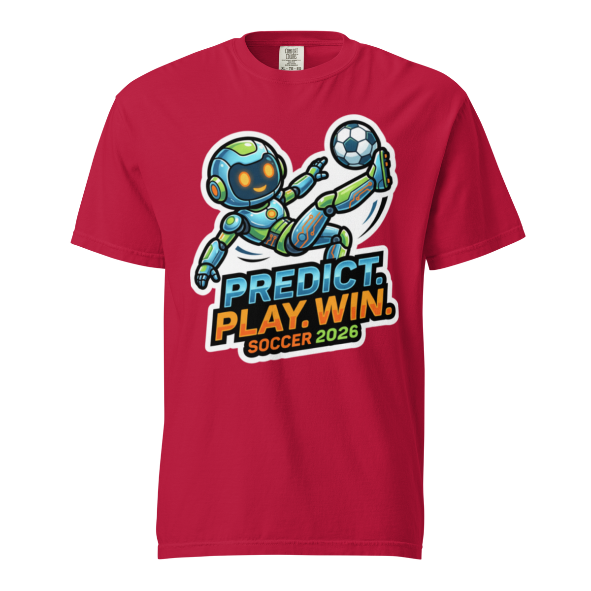 Predict Play Win unisex tee — red, front view