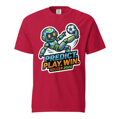 Predict Play Win unisex tee — red, front view