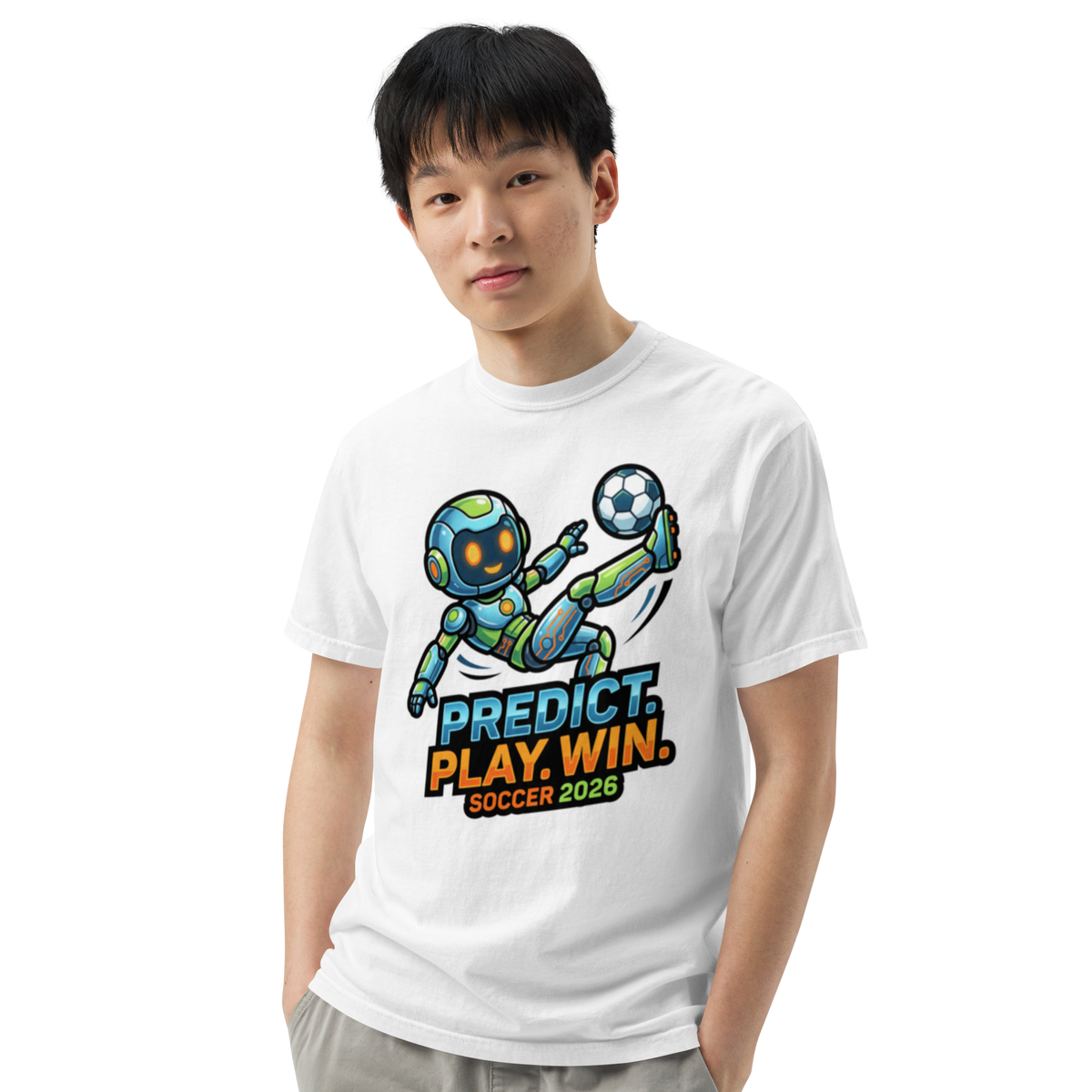 Predict Play Win unisex heavyweight soccer 2026 tee — white, model front