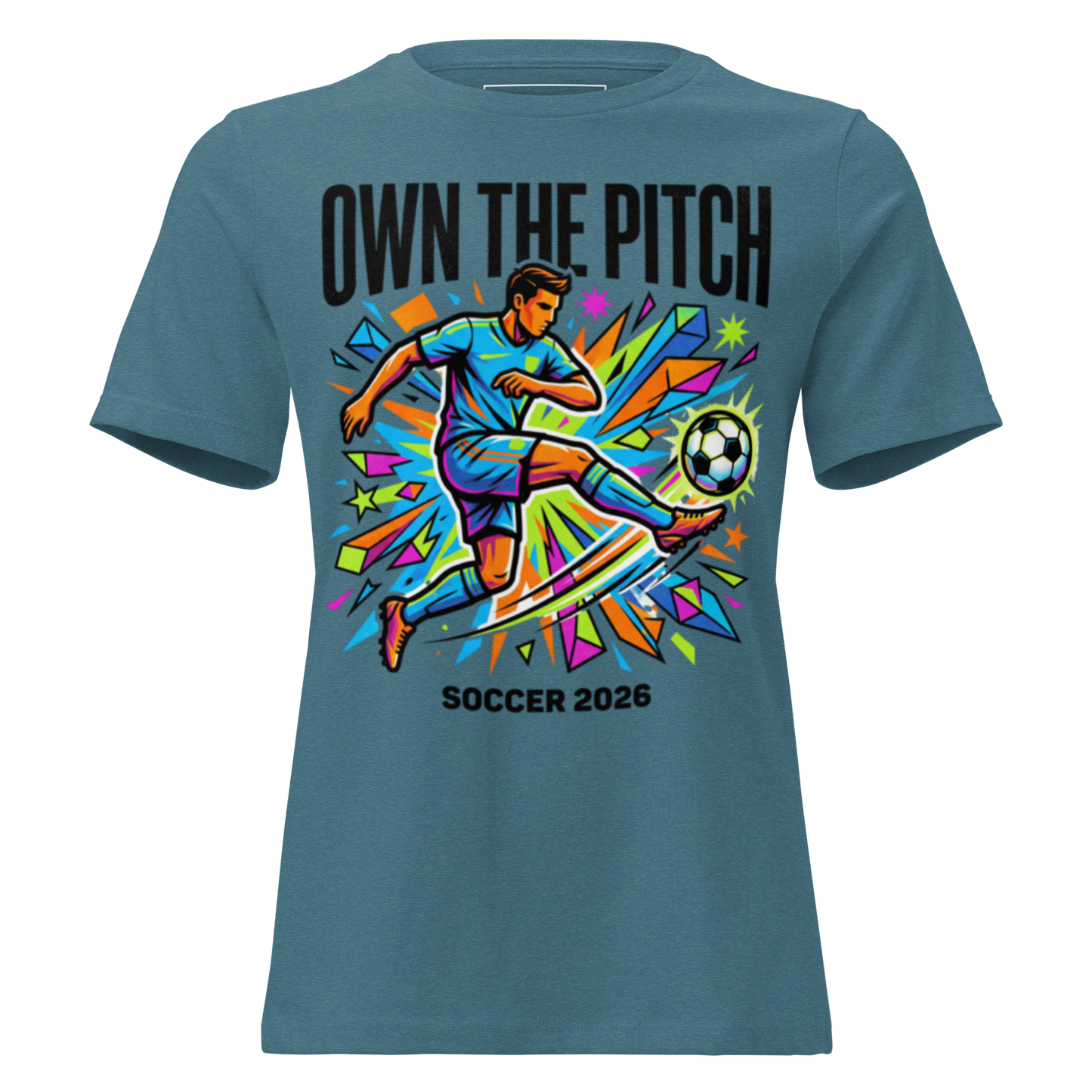 Own the Pitch women's soccer 2026 graphic tee — heather deep teal, front view