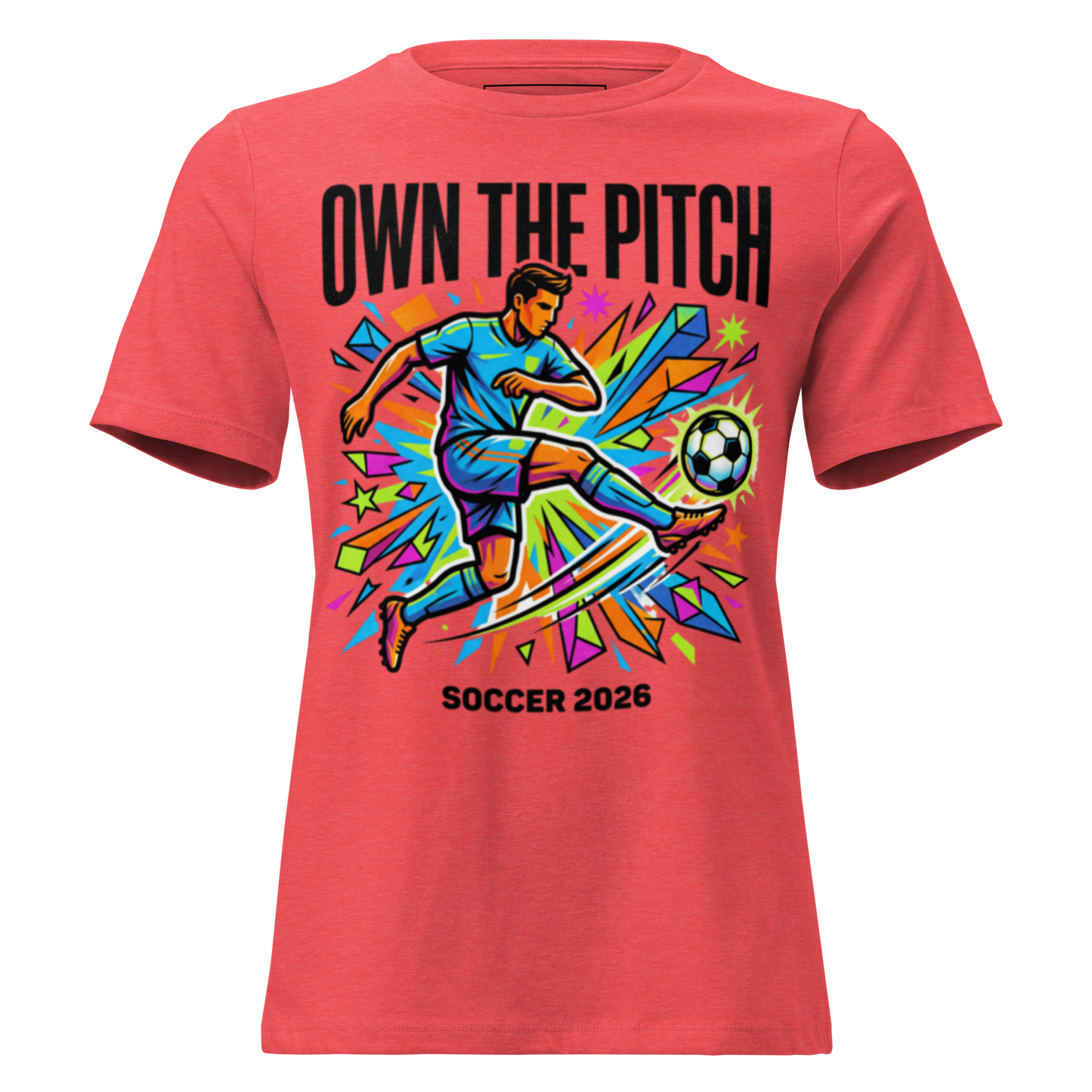 Own the Pitch women's soccer 2026 graphic tee — heather red, front view