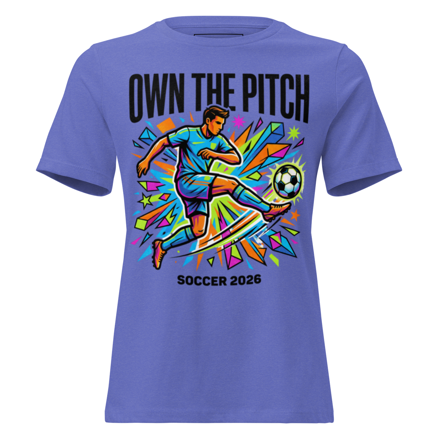 Own the Pitch women's soccer 2026 graphic tee — heather true royal blue, front view