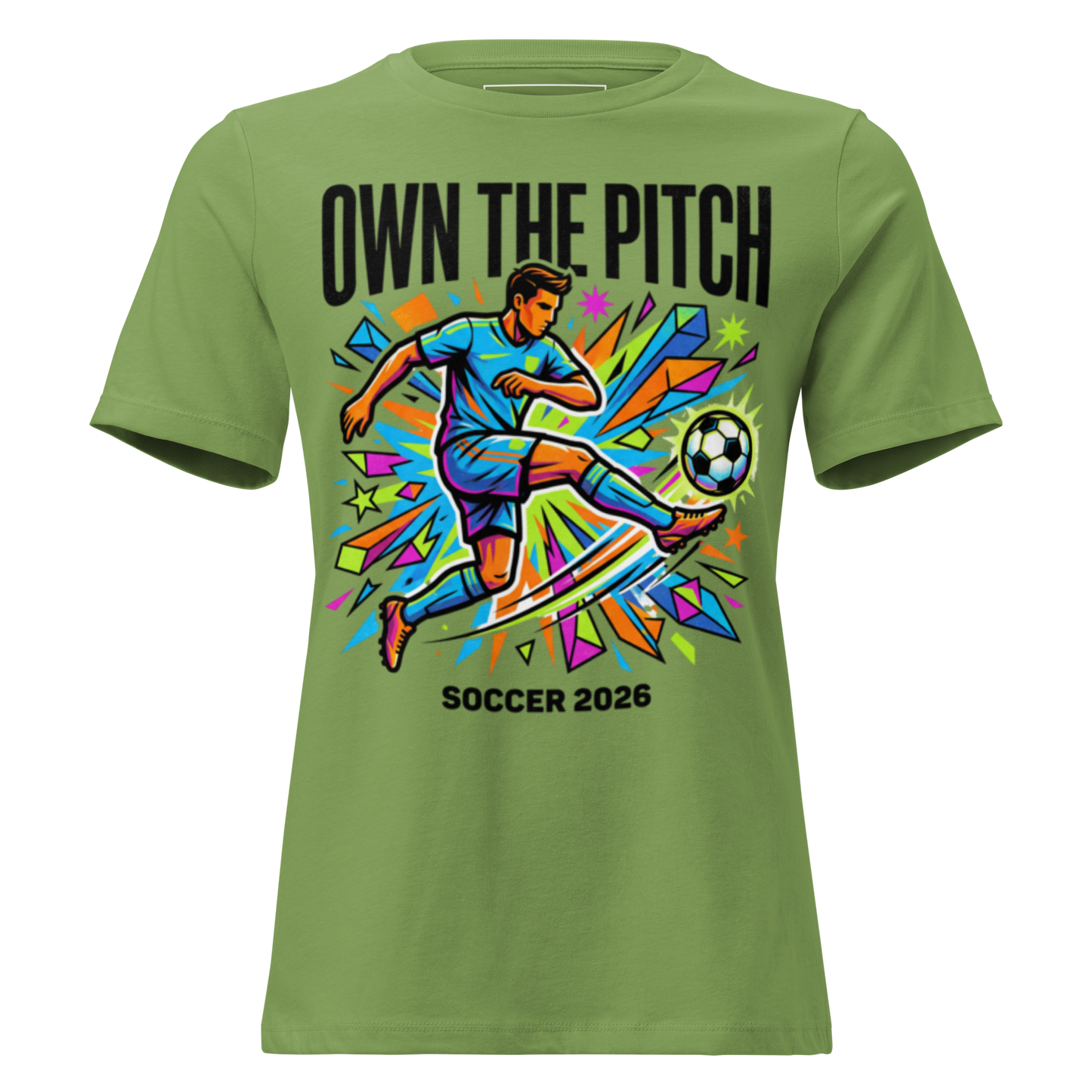 Own the Pitch women's soccer 2026 graphic tee — leaf green, front view