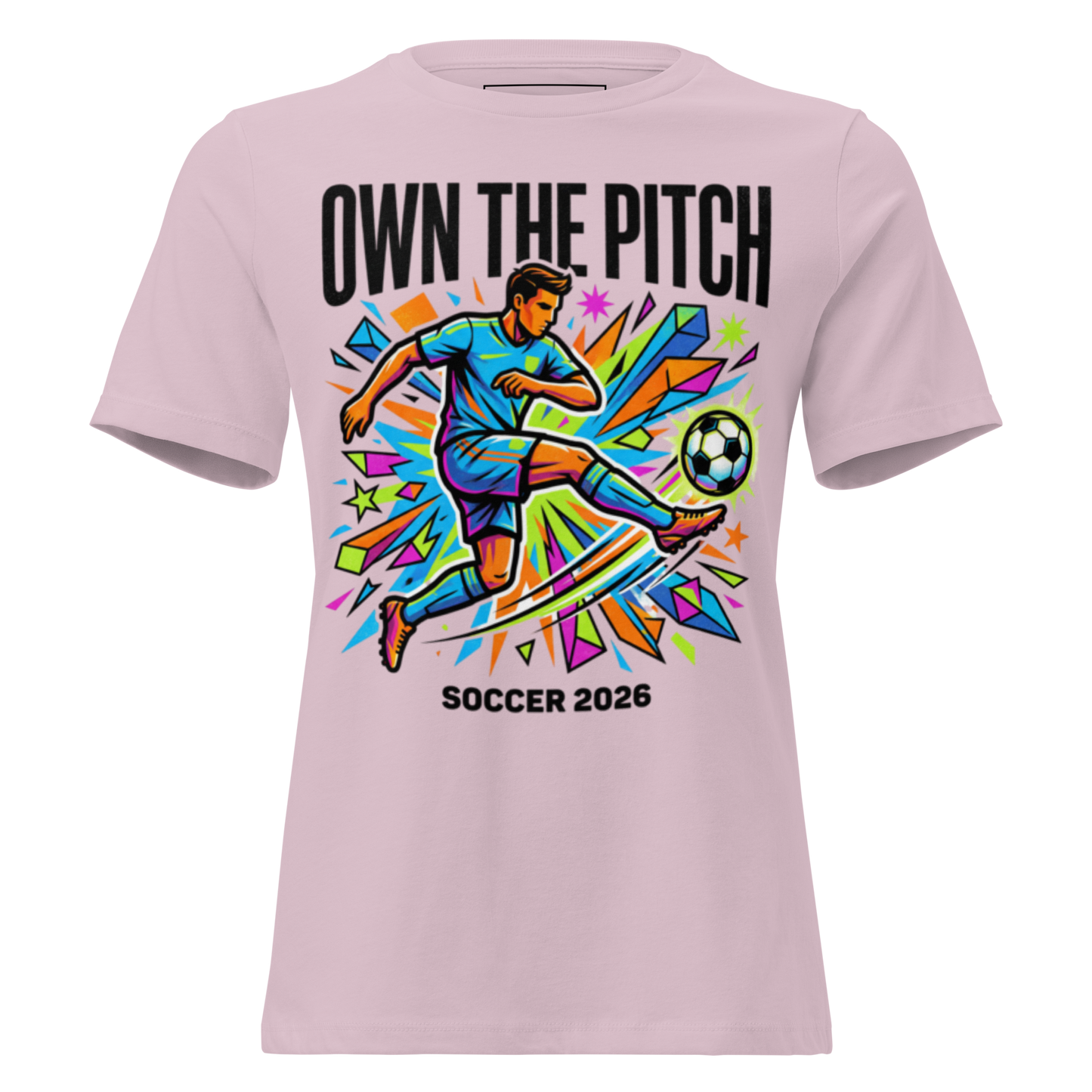 Own the Pitch women's soccer 2026 graphic tee — light violet, front view