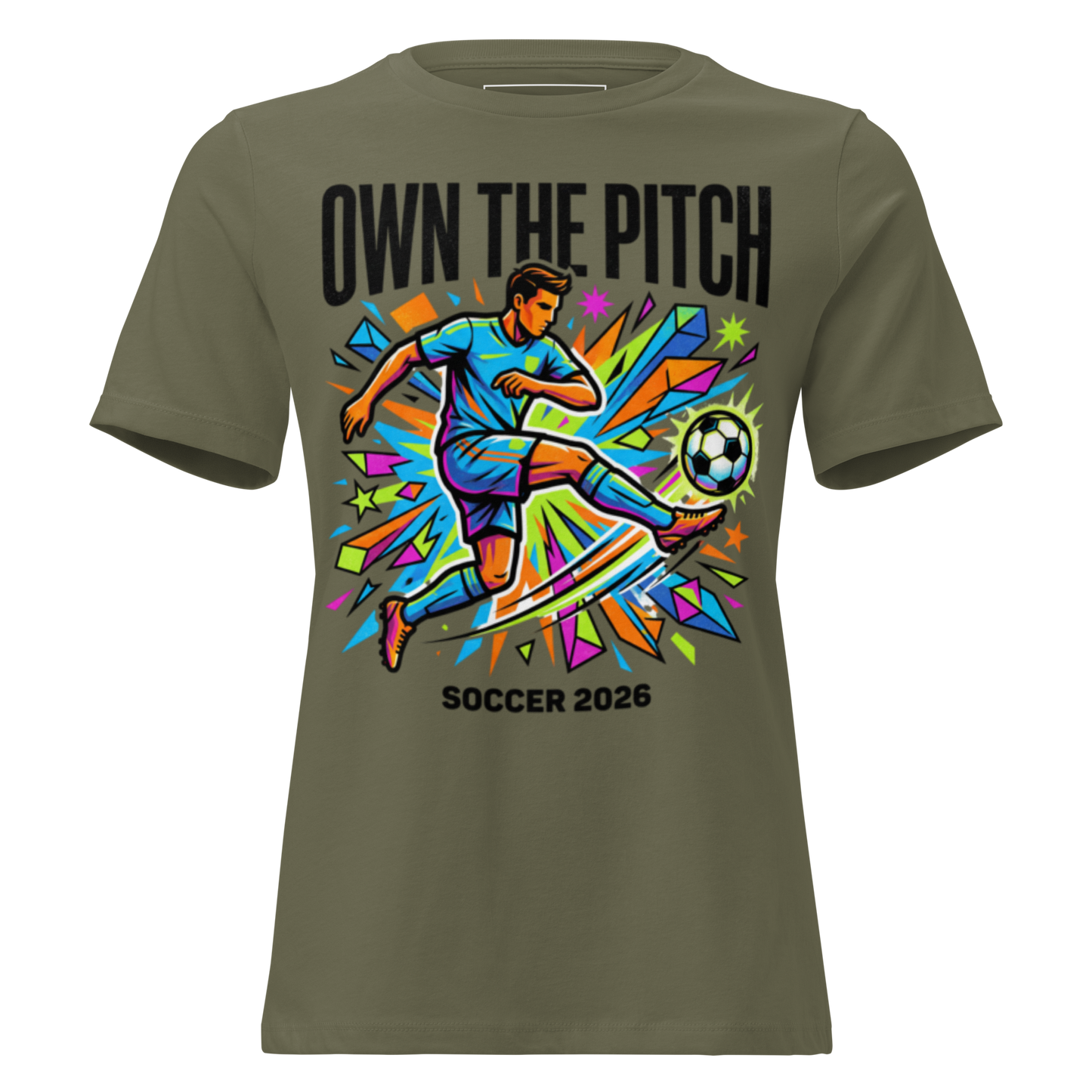 Own the Pitch women's soccer 2026 graphic tee — military green, front view