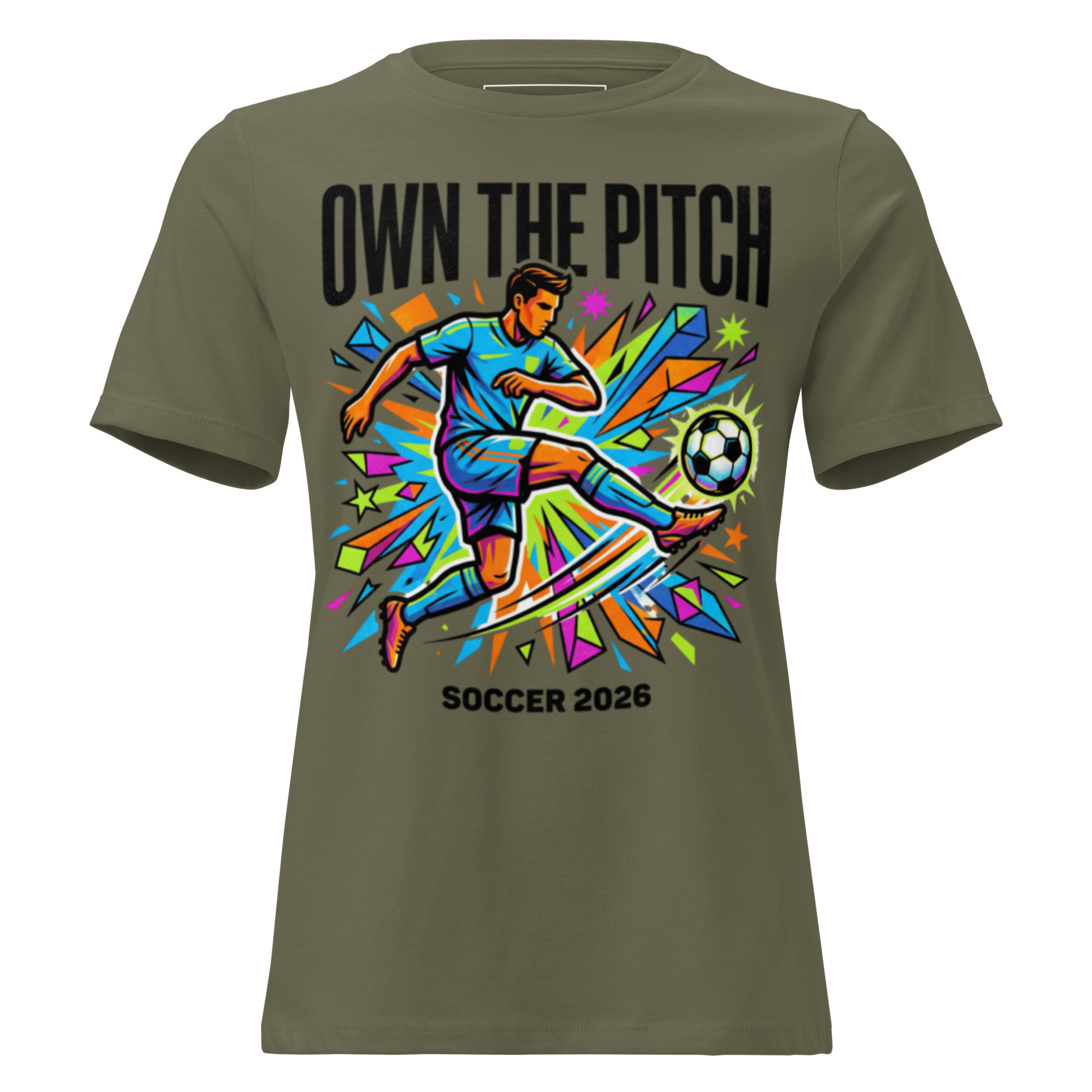 Own the Pitch women's soccer 2026 graphic tee — military green, front view