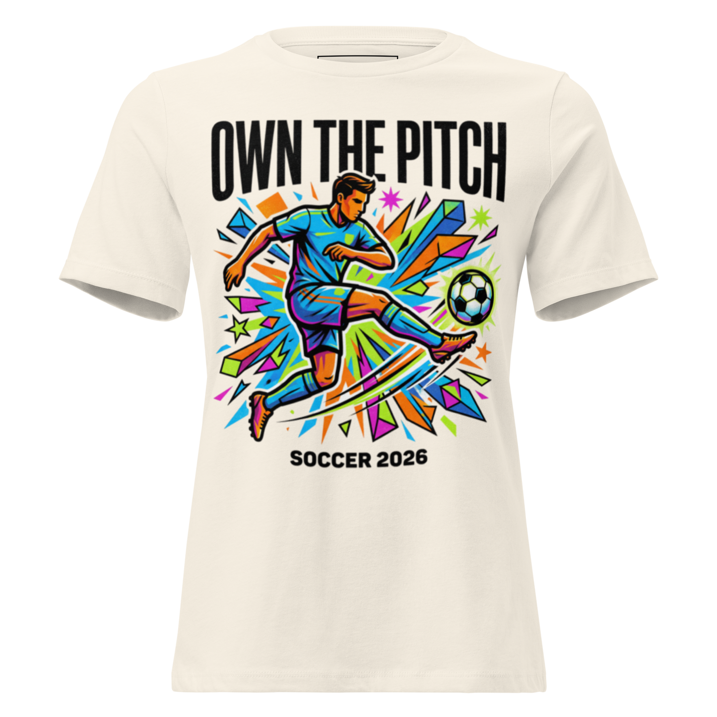Own the Pitch women's soccer 2026 graphic tee — natural cream, front view