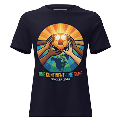 One Continent One Game women's relaxed soccer 2026 tee — navy, front view