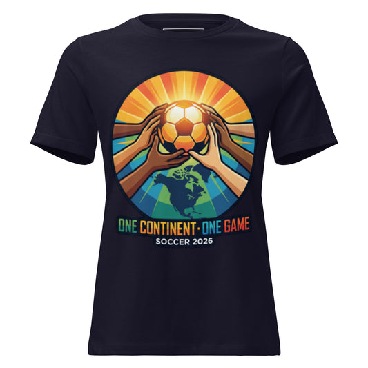 One Continent One Game women's relaxed soccer 2026 tee — navy, front view