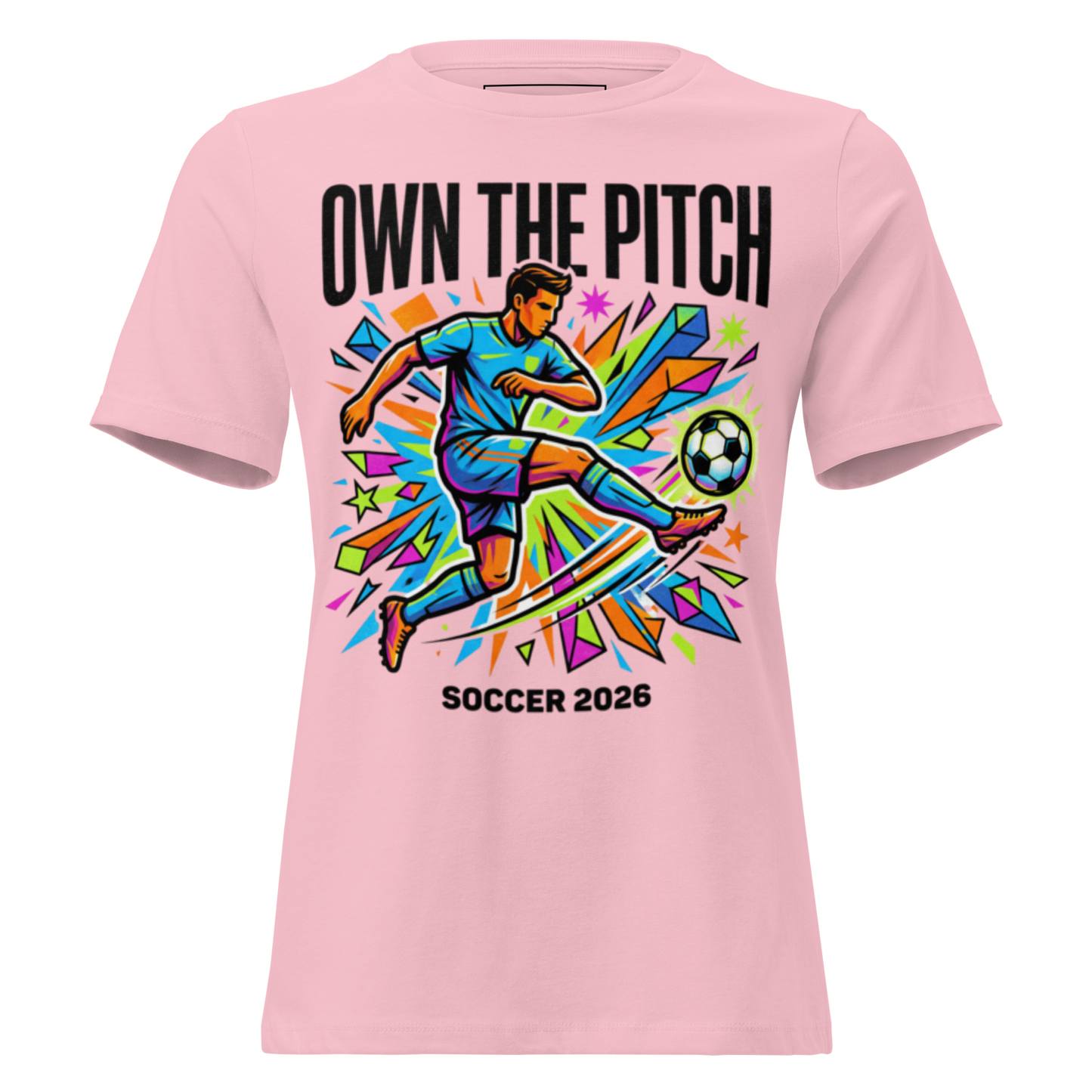 Own the Pitch women's soccer 2026 graphic tee — pink, front view