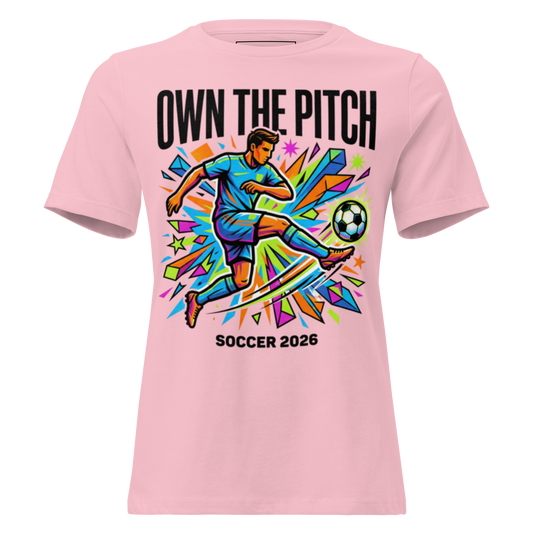 Own the Pitch women's soccer 2026 graphic tee — pink, front view