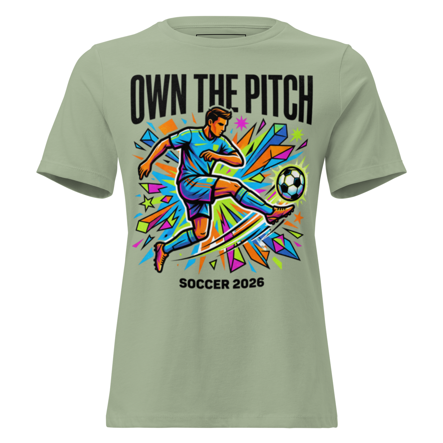 Own the Pitch women's soccer 2026 graphic tee — sage, front view