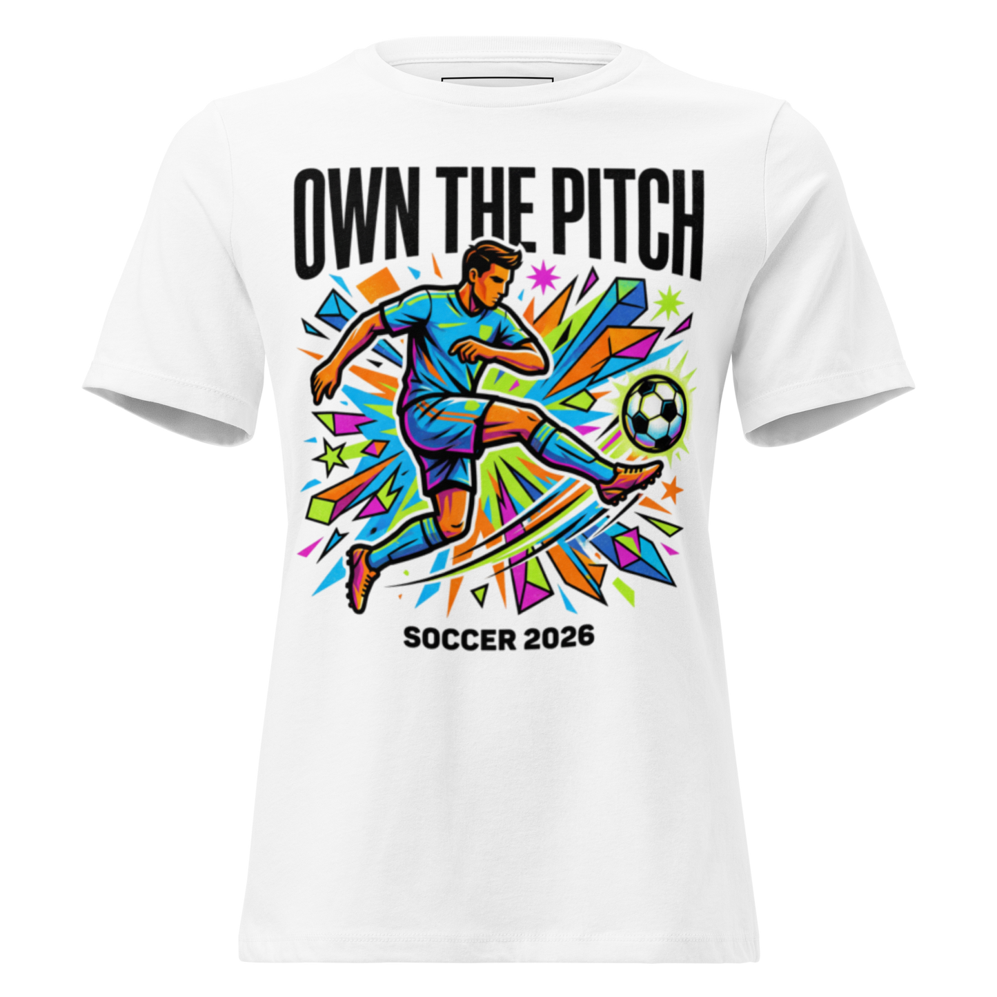 Own the Pitch women's soccer 2026 graphic tee — white, front view