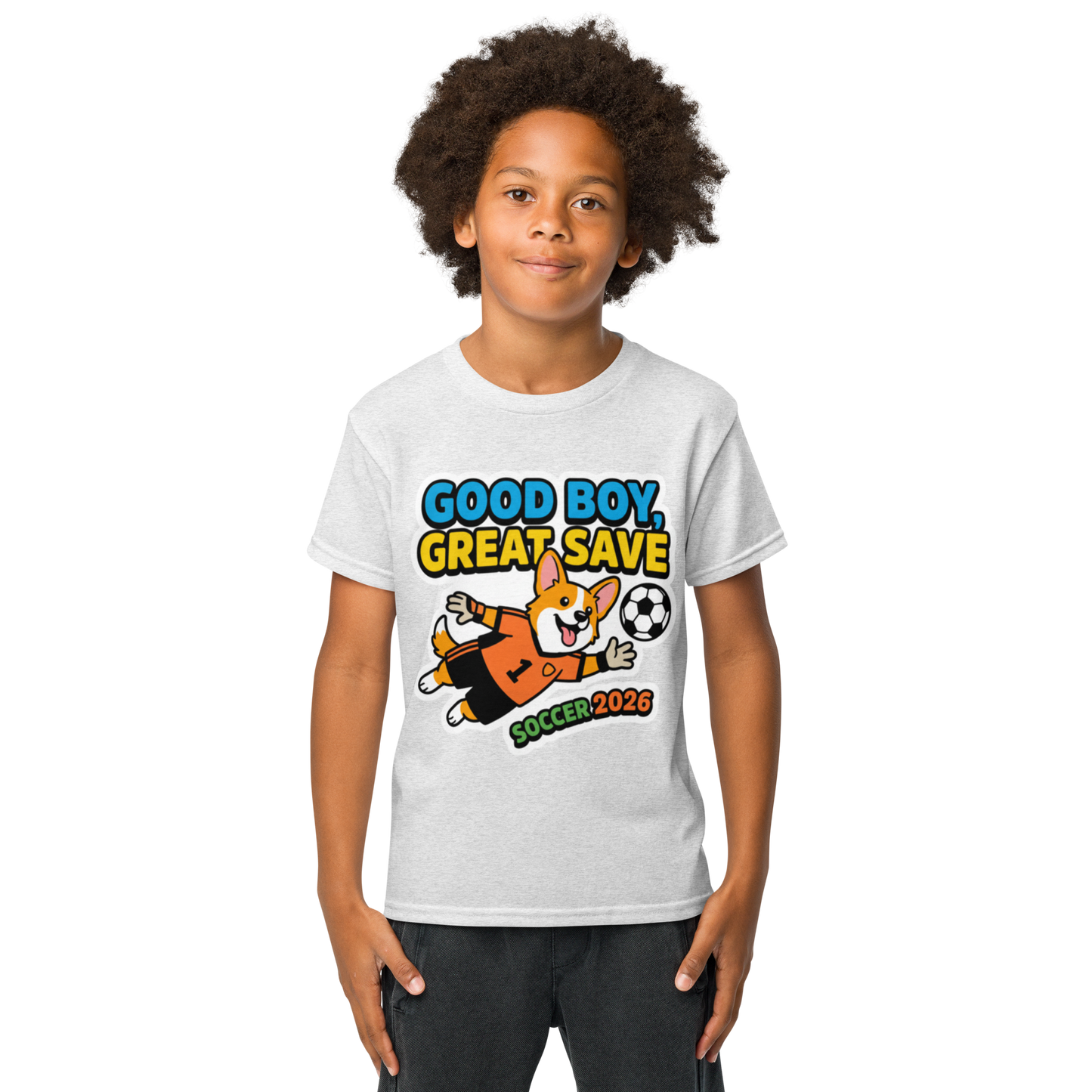 Good Boy Great Save kids' soccer 2026 performance tee — ash, lifestyle