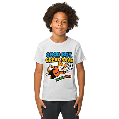 Good Boy Great Save kids' soccer 2026 performance tee — ash, lifestyle