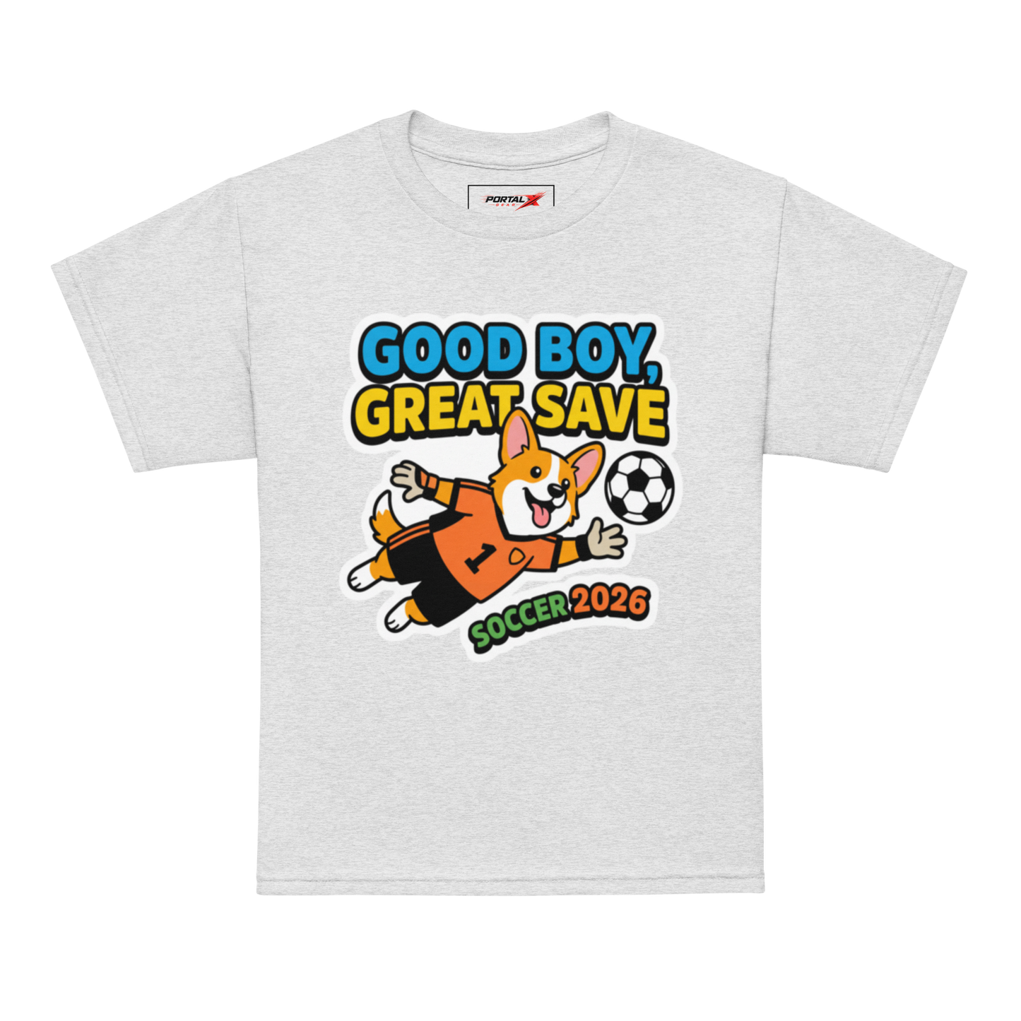Good Boy Great Save kids' soccer 2026 performance tee — ash, model front