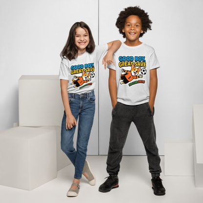 Good Boy Great Save kids' soccer 2026 performance tee — ash, front detail