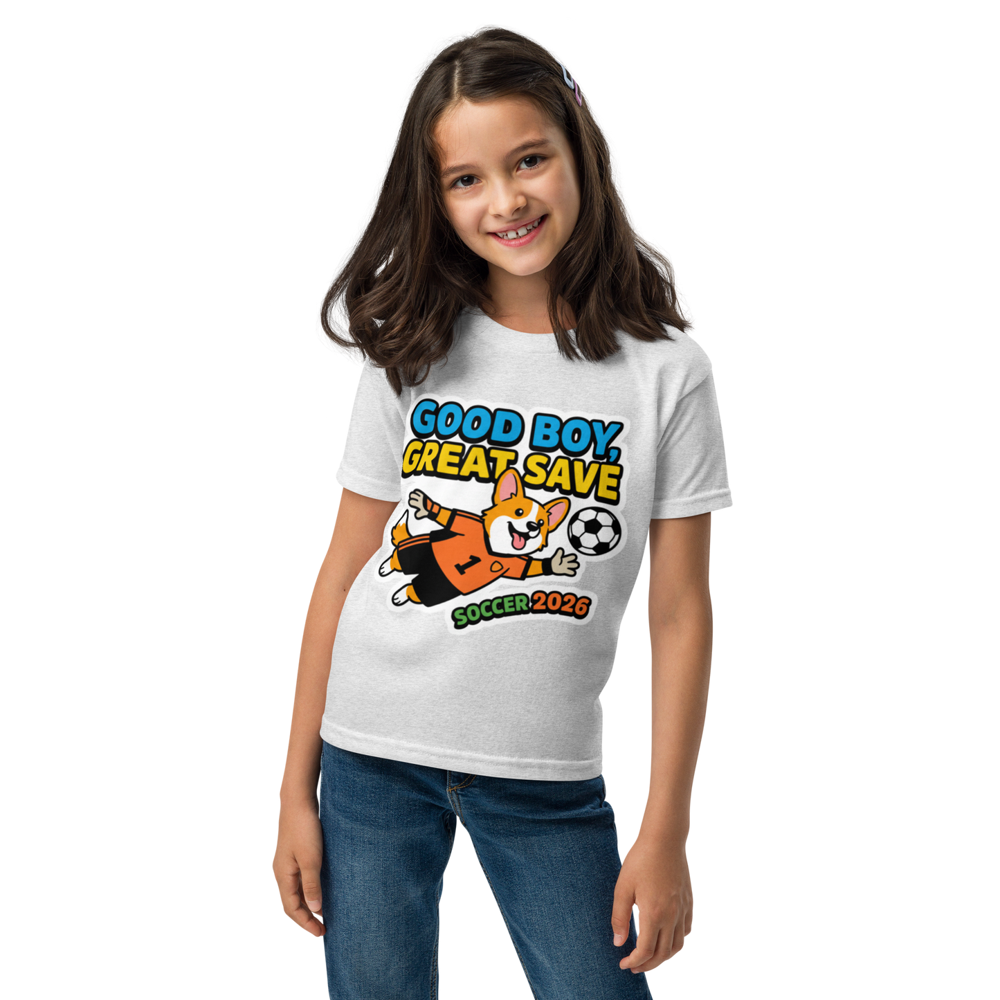 Good Boy Great Save kids' soccer 2026 performance tee — ash, front view