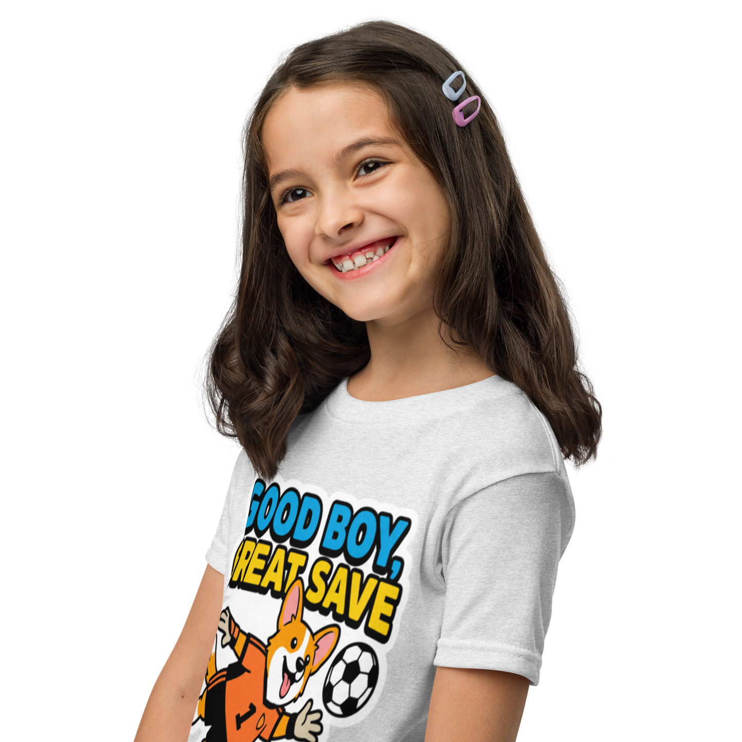 Good Boy Great Save kids' soccer 2026 performance tee — ash, left side view