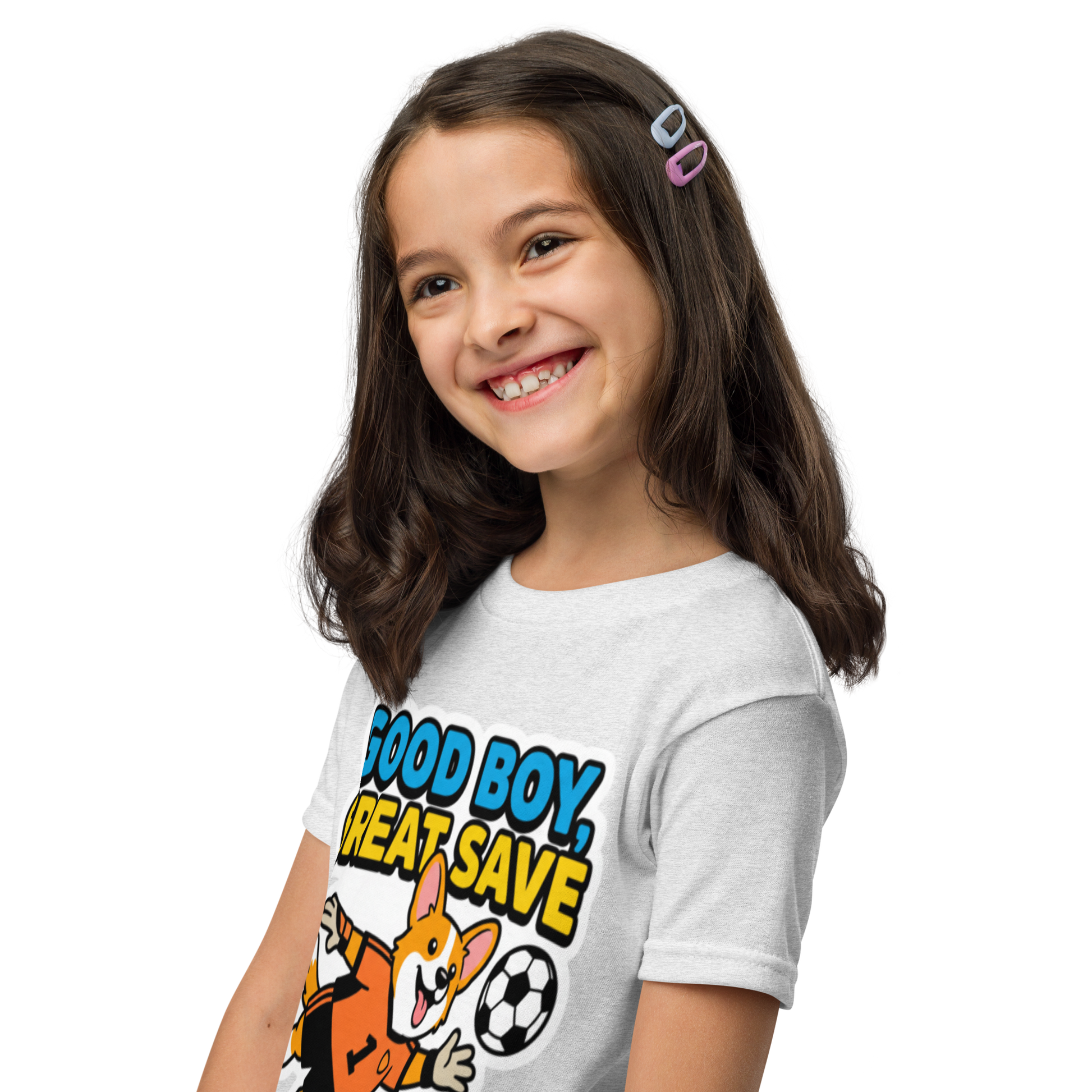 Good Boy Great Save kids' soccer 2026 performance tee — ash, left side view