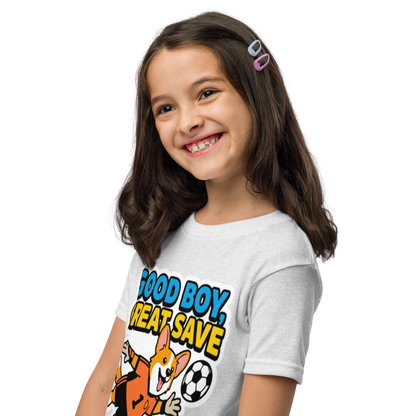 Good Boy Great Save kids' soccer 2026 performance tee — ash, left side view