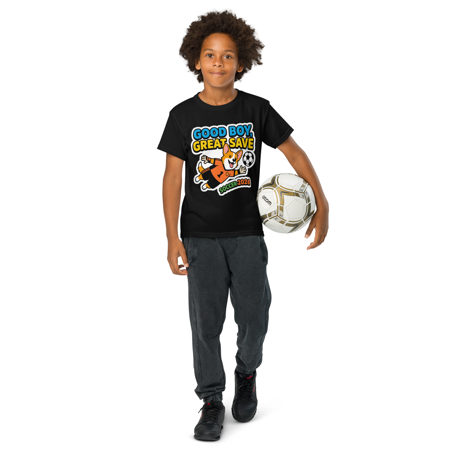 Good Boy Great Save kids' soccer 2026 performance tee — black, model front alternate